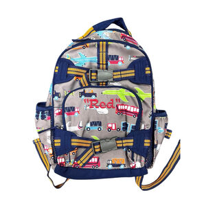 Pottery Barn Kids Backpack Airplane Bus Truck Print Gray Blue 13x14x6 Preschool